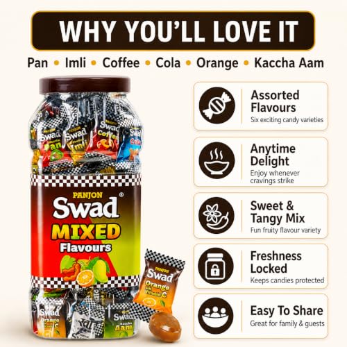 Image of Swad Mixed Assorted Candy Jar (Kaccha Mango, Imli, Coffee, Cola, Pan, Orange) Digestive & Tasty Masala Toffee | Indian Sweets, 200 Candies Jar