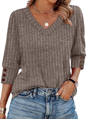 WIHOLL V Neck 3/4 Length Sleeve Womens Tops Casual Fall Shirts Lightweight Tunic Sweaters Fashion Clothes 20252