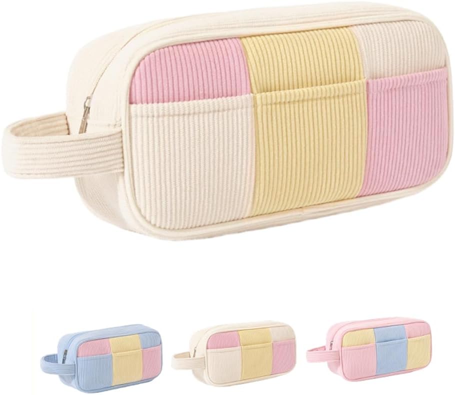 ONEGenug Makeup Bag for Purse Corduroy Cute Cosmetic Pouch Case for Women Girls, Birthday Gifts for Girls Teen, Toiletry Bag for Travel (Beige)