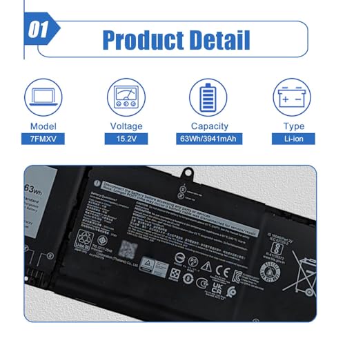 Image of 7FMXV 63Wh Laptop Battery Replacement for Dell Latitude 5320 7320 7420 7520 Series TN2GY 0TN2GY 9JM71 4M1JN 1PP63 727CG HDGJ8 MHR4G CN-0727CG CN-0TN2GY 15.2V 3941mAh