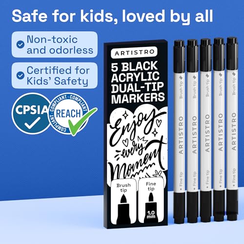 Image of ARTISTRO 5 Black Acrylic Paint Markers - Paint Pens for Drawing - For Fabric, Rock, Glass, Wood, Molds - Arts & Crafts Gift for Adults, Teens, Kids, Classroom Must Haves & School Supplies