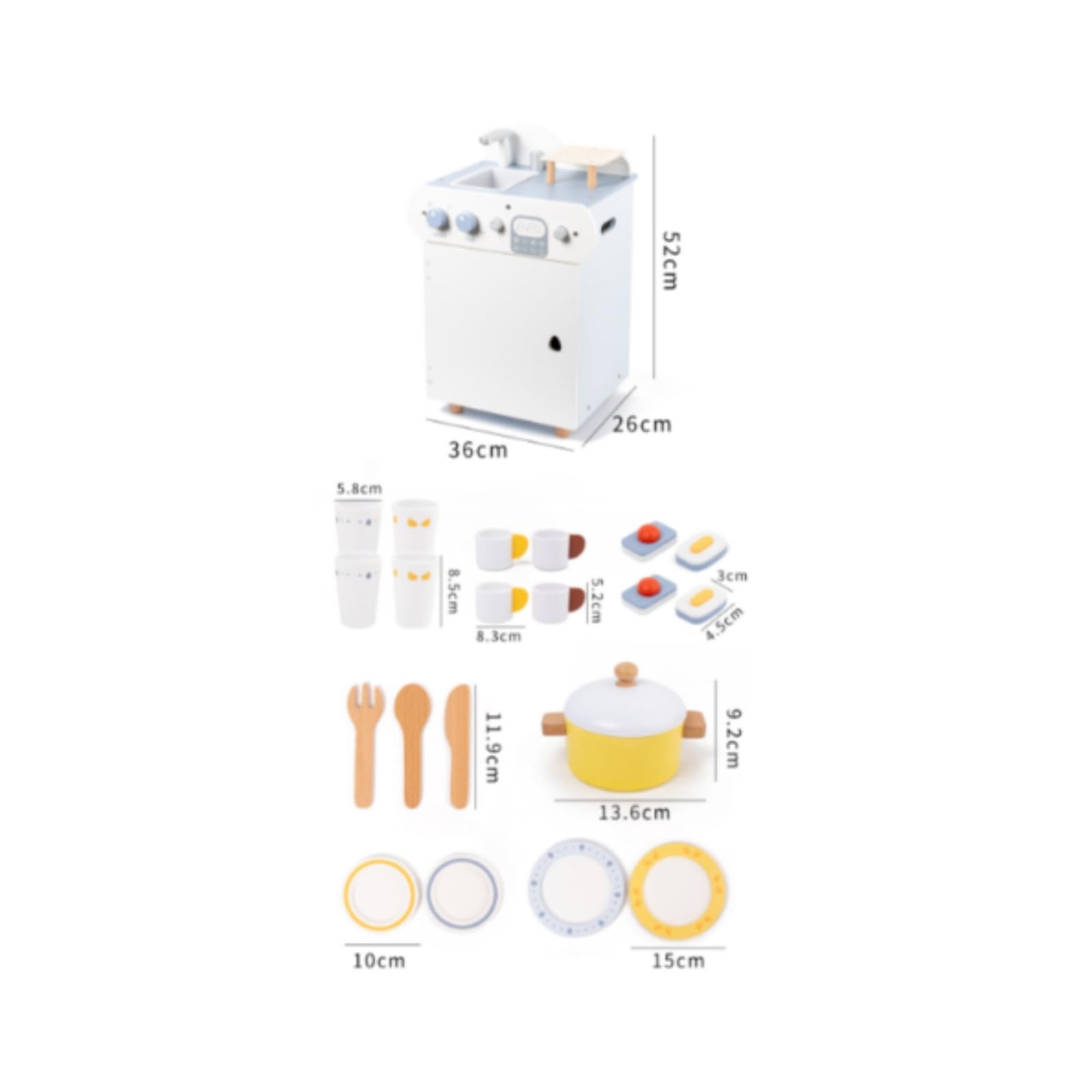 Cucina Giocattolo in Legno Lavastoviglie per Bambini Set Cucina Accessori Completi Pentola Tazze Piatti Posate con Manopole Rotanti Display Stampato