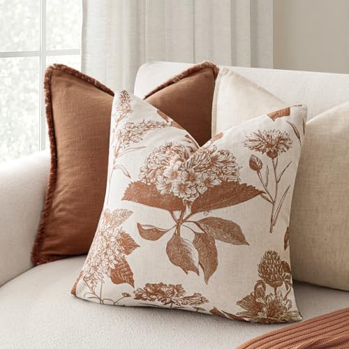 Image of Foindtower Set of 2 Linen Floral Throw Pillow Covers Vintage Accent Print Decorative Cozy Cushion Covers Farmhouse Boho Home Decor for Sofa Chair Couch Bedroom Living Room,20x20 Inch,Autumn Orange