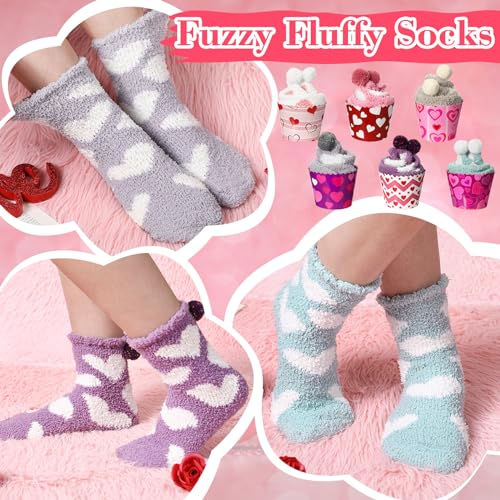 Image of 6 Pairs Valentine's Day Cupcake Socks Fuzzy Sock with Cupcake Card DIY Gift Slipper Stockings for Winter Women Men