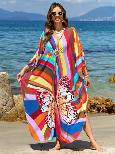 Image of IMAGEKOPE Women's Plus Size Animal Print V-Neck Batwing Kaftan Beach Dress Bathing Suit Cover-Up Loungewear