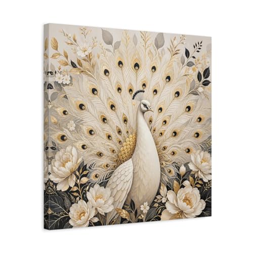 Impression sur toile paon blanc décoration murale salon carrée 50x50