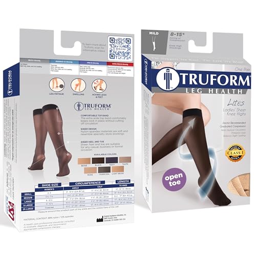 Image of Truform Sheer Compression Stockings, 8-15 mmHg, Women's Open Toe, Knee High Length, 20 Denier, Beige, Medium