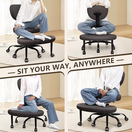 Ergonomic Cross Legged Office Chair with Wheels - Adjustable Height for Meditation, ADHD Desk & Yoga - Wide Criss Cross Design with Lumbar Support, Kneeling Chair - Dark Brown