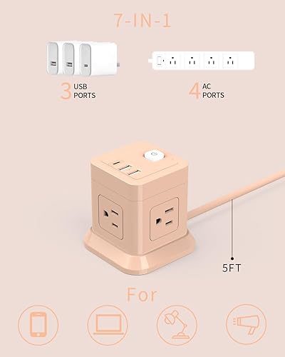 Miniatura 2 de Regleta de alimentación cúbica, FDTEK 4 salidas ampliamente espaciadas con 3 USB (1 USB C) Regleta de alimentación de enchufe plano con cables de