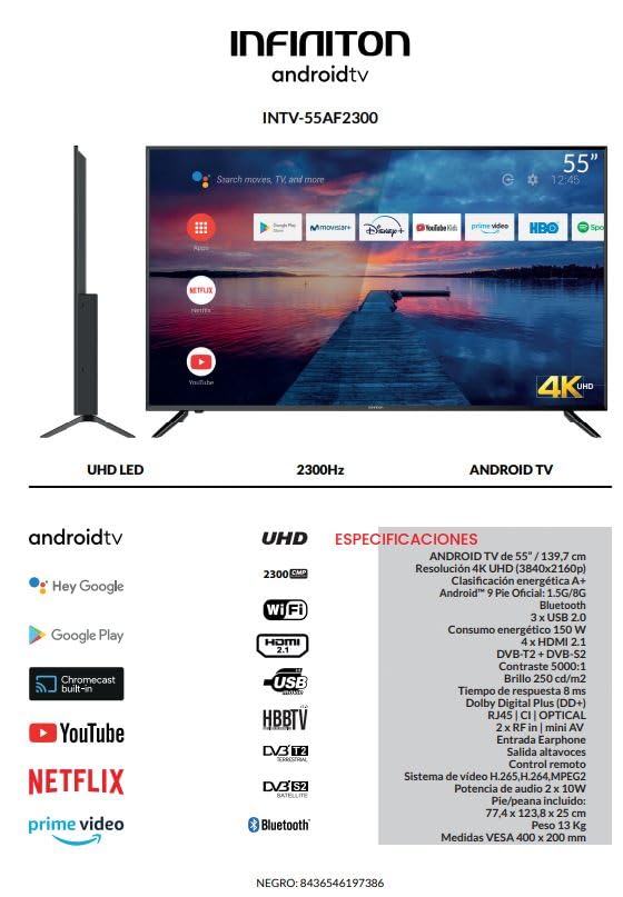 INFINITON INTV-55AF2300 - Smart-TV 55 Zoll 4K UHD - Android 9.0 - Google Assistant - HBBTV - 4X HDMI - 3X USB - DVB-T2/C/S2 - Hotel-Modus - Klasse A+ – Bild 4