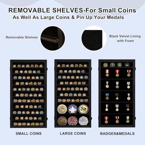 Image of Jinchuan Military Challenge Coin Display Case Lockable Cabinet Holder Shadow Box with Removable 2 Grooves Shelves and Anti Fade Acrylic Glass for Casino Poker Chips Collectibles, Extra Large - Black