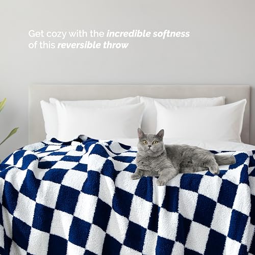 Image of Elegant Comfort Checkered Throw Blanket, Navy Blue Super Soft Cozy Fluffy Warm Throw Blankets for Couch, Sofa, Chair, Bed, Camping, Picnic, Travel Lightweight Bed Blanket (50 inch x 70 inch)