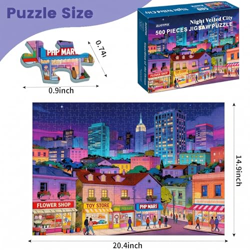 Rompecabezas de 500 piezas para adultos, vibrante paisaje urbano nocturno neón con textura en relieve, cartón azul grueso, acabado mate premium miniatura 2