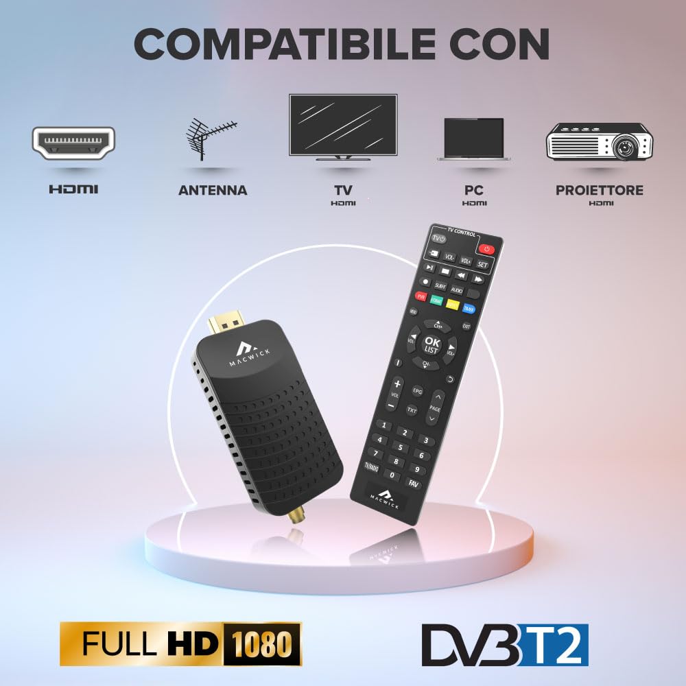 Macwick DVBT2 2024 TDT Mini Decodificador Digital Terrestre 1080P H265 HEVC HD Conexión HDMI y USB, Función PVR, Invisible Nano TV Stick, Control Remoto 2 en 1 Infrarrojo, Instalación Guiada