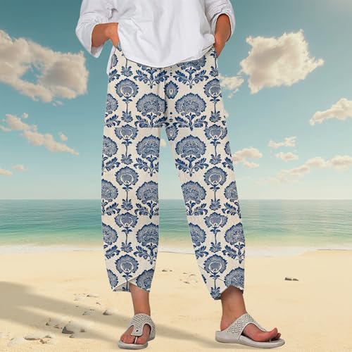 Image of DMOYALA Linen Pants for Women Summer Casual Wide Leg Capri Pants Loose Fit Palazzo Pants Cropped Beach Pants with Pockets
