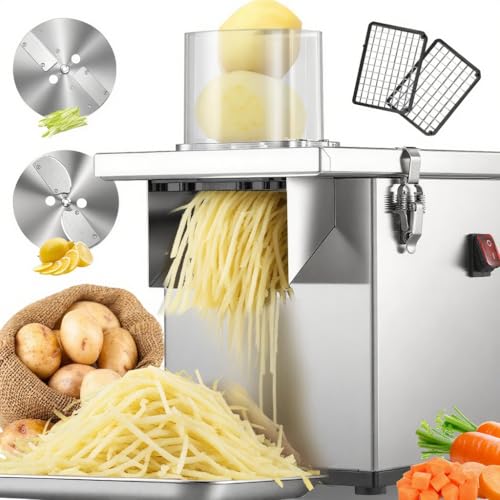 NEWTRY 3 en 1 Commercial Coupe de légumes Électrique - Hache-légumes 200 W avec Carcasse en Inox, Fonctions Découpage en Dés, Râpage et Tranchage,150 kg/h, pour Usage