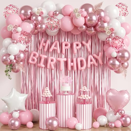 78PCS Pink And White Birthday Decorations - White And Pink Happy Birthday Balloons With Banner Balloon Star Heart Foil Balloons Cake Topper And Foil Curtain Laxte And Foil Balloon For Women Girls