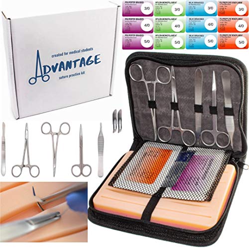 Advantage Suture Practice Kit | for Medical Students | Skin-Like Suture Pad | Complete Suture Kit with Carrying Case | Extra Sutures | Stainless Steel Instruments | Reusable Pad | Training Set