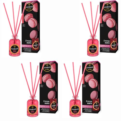 Ambientador Mikado Pack 4 – Fresa con Nata – Difusores de Varillas Estilo Ámbar para Hogar, Oficina o Regalo