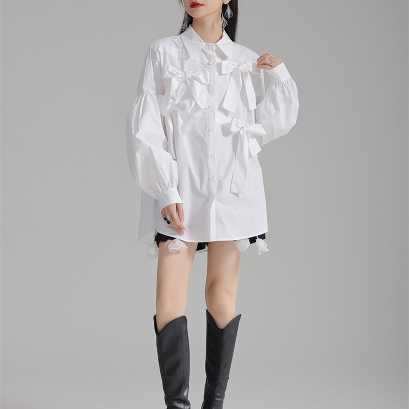 Camicia a maniche lunghe con fiocco da donna Risvolto Button Up Alla moda Sciolto Elegante Camicetta da ufficio Top