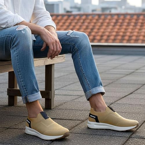 Image of BRUTON Men's Beige & Black Casual Sneaker | Lightweight Cushioned Lace-Up Shoes | Breathable Fashion Footwear for Walking, Travel, College
