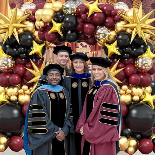 Image of Black Burgundy Gold Balloons Arch Kit, Maroon Black Gold Balloons Arch Garland, 98Pcs Black Red Metallic Gold Balloons with Stars Balloon for Birthdays Retirement Graduation Celebrations Class of 2025