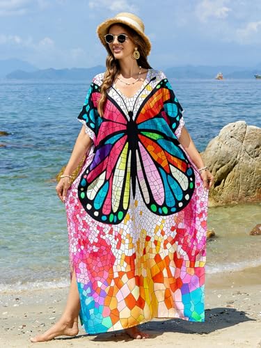 Image of sunforyou Kaftan Dresses for Women Plus Size Lightweight Swimsuit Cover up Batwing Sleeve Print Loungewear Beach Robe