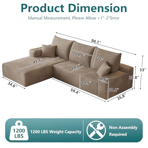 Image of 95 inch Modular Sectional Couch, Boneless L Shaped Cloud Sofa with Chaise Lounge, Corduroy Upholstered Couches Memory Foam Deep Seat, No Assembly Required, Ideal for Living Room(Camel, Left Facing)