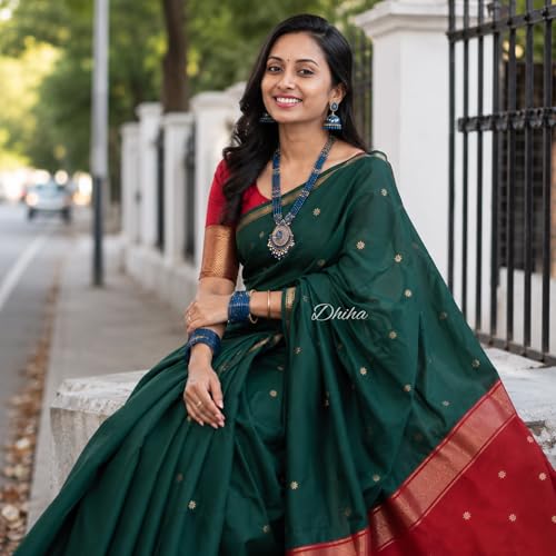 Image of Original Maheswari Cotton Silk Saree for Women | Kanjivaram Pure Silk Cotton Sari with Blouse | Zari Work | Tassels | Handloom Weave