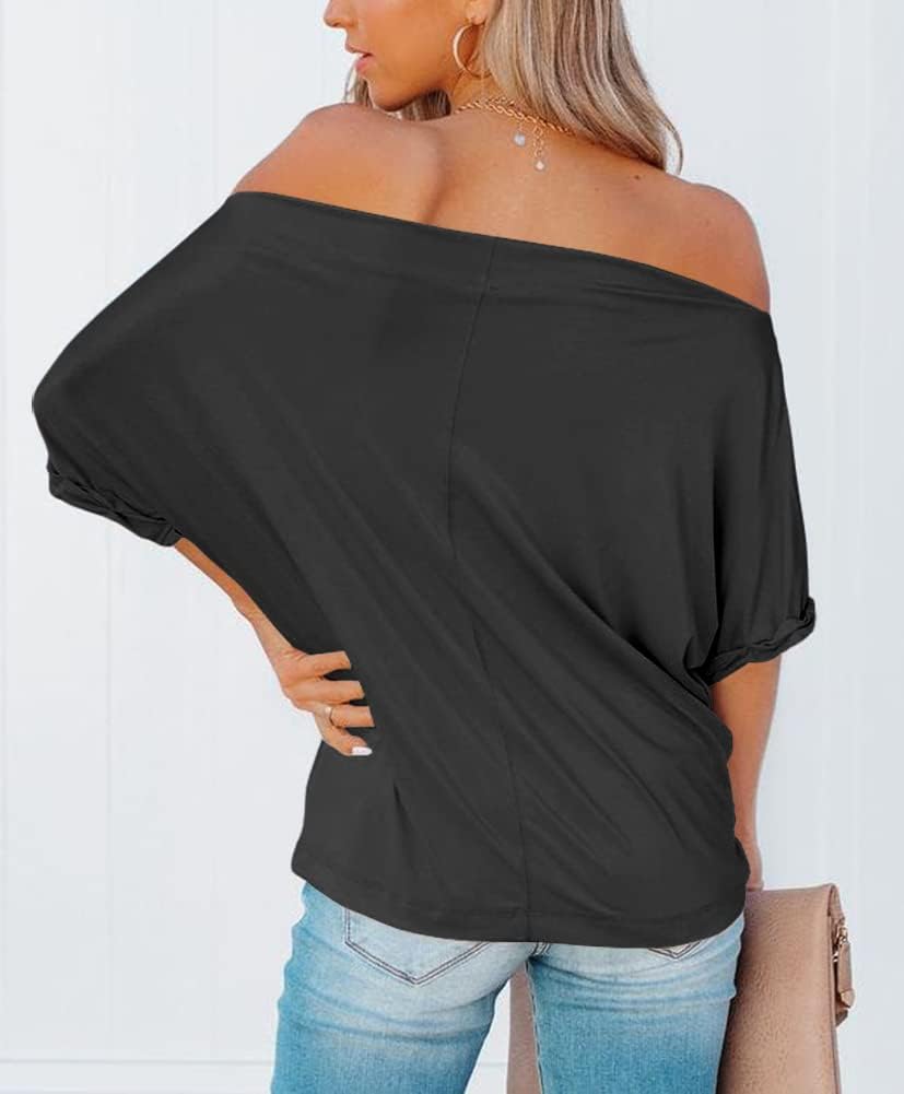 REVETRO Women's Off Shoulder Tops Casual Short Batwing Sleeve Summer Loose T Shirt Tunic Blouse… - Image 4