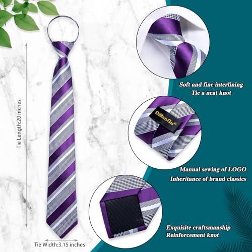 Image of DiBanGu Mens Zipper Tie Silk Pre-Tied Necktie with Gift Box | Jacquard Woven,Paisley Solid Plaid Pattern,6PCS with Pocket Square,Cufflinks and Lapel Pin,for Wedding Party Formal Business