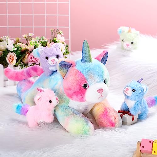 Image of 5 Pieces Caticorn Plush Toy Set 16 Inch Mommy Cat Unicorn Stuffed Animal with 4 Cute Plush Baby Kittens Pastel Rainbow Caticorn Toy Set Boys Girls Birthday Kpop Party Favors(Cute Color)