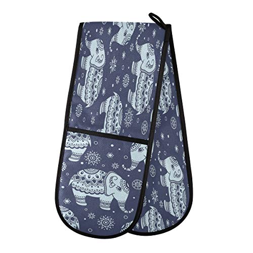 ZZXXB Ethnic Elephant Floral Double Oven Mitt Heat Resistant Non-Slip Kitchen Gloves Extra Long 7" x 35" for Cooking Baking Barbecue Grilling