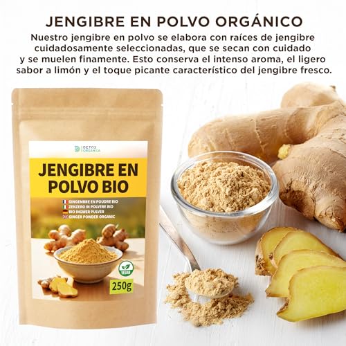 DETOX ORGANICA Jengibre Orgánico en Polvo 250g – 100% Puro y Natural – Raíz de Jengibre Molida – Sabor Intenso – Bolsa Resellable–Ideal para Infusiones, Cocina, Batidos | Refuerza el Sistema Immune - imagen 6