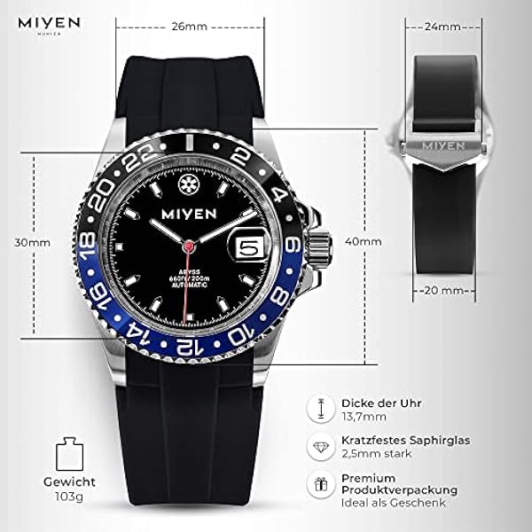 MIYEN MUNICH - Abyss Blackblue gummiarmband svart 1040-114-1 automatisk herrklocka safirglas keramik 20ATM
