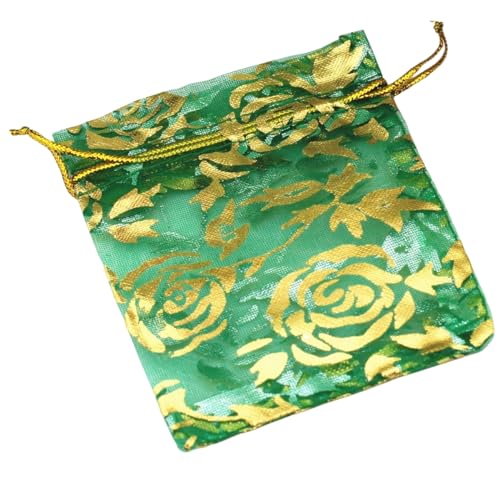 Image of QIANHAILIZZ 100 pcs 3.5 x 4.7 Inch Flower Heart Organza Jewelry Gift Pouch Candy Pouch Drawstring Wedding Favor Bags X92 (green gold flower)