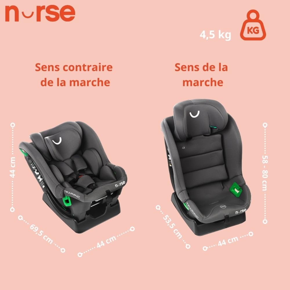 Nurse Traffic Siège Auto i-Size 40-150 cm, 0-12 Ans, Sans Isofix, Dos Route, Inclinable, avec Réducteur, Installation Ceinture, Gris