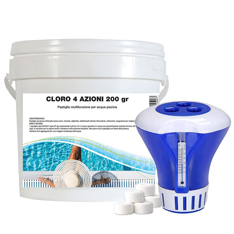Virsus 5Kg Cloro 4 azioni a Pastiglie + DOSATORE GALLEGGIANTE per acque piscina, 25 Pastiglie da 200 gr a lenta dissoluzione per disinfezione dell’acqua, Clorante, Alghicida, Stabilizzante del pH
