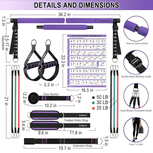 Image of Goocrun Portable Pilates Bar Kit with Resistance Bands for Men and Women - 3 Set Exercise Resistance Bands - Multifunctional Home Gym - Supports Full-Body Workouts - with Fitness Poster and Video