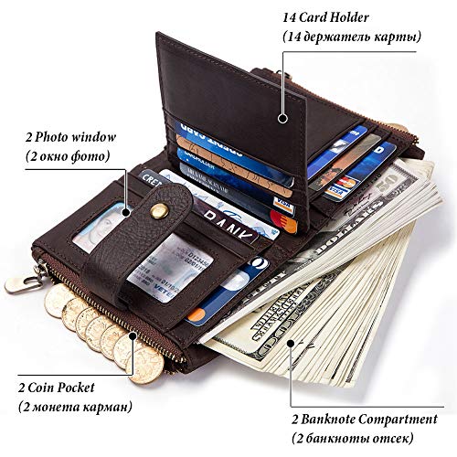 Image of Men's Top Grain Leather RFID Blocking Wallet with Chain, Multi-Pocket Bifold for Daily Use & Travel