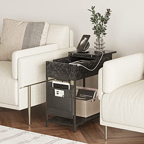 Cubicubi End Table With Power Outlets & Usb Ports, Flip Top Narrow Side Table With Storage Shelf Pockets, Sofa Table Nightstand With Charging Stations For Small Spaces Living Room Bedroom, Marbling #TOP2