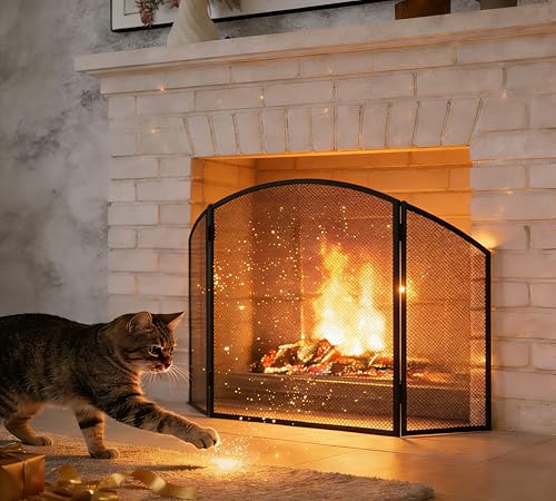 Calidola Protector de chispas de chimenea de 3 paneles, pantalla plana de hierro 96,5 cm de largo x 61 cm de alto, protector de chispas con recubrimiento en polvo negro para chimeneas abiertas
