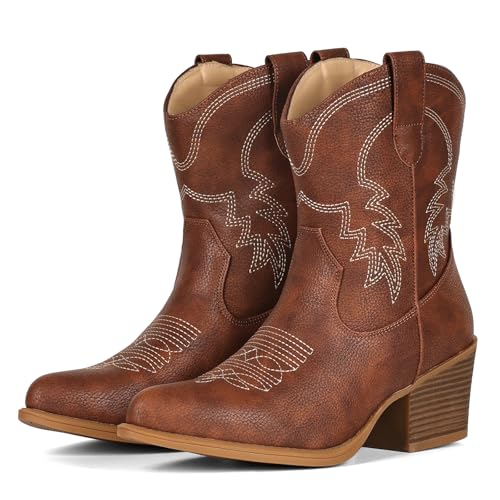 Image of IXU Cowboy Boots for Women Ankle Cowgirl Booties Wide Mid Calf Pointed Toe Western Boots Short Chunky Classic Booties