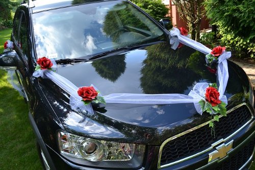 AMP Autoschmuck Autodeko Hochzeit 5 Rosen Dekor Komplett (rot, Blumestrauß - orange)