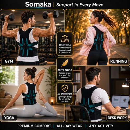 Image of Somaka Posture Corrector Belt for Men & Women - Adjustable Back Brace for Clavicle Support, Hunchback & Back Straightener - Invisible Under Clothes, Neck & Shoulder Pain Relief