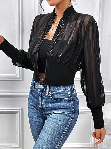 Milumia Women's Striped Lightweigh Sheer Mesh Crop Bomber Jacket4