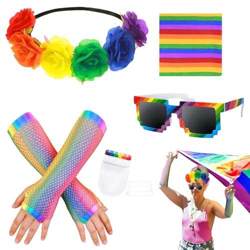 netzhandschuhe Faux Rainbow Flower Stretch Stirnband Regenbogen Haarreif Set + Regenbogen Accessoires + 5-teiliges Pride Set + inklusive Regenbogen Haarschmuck, Sonnenbrille, Handschuhe und mehr