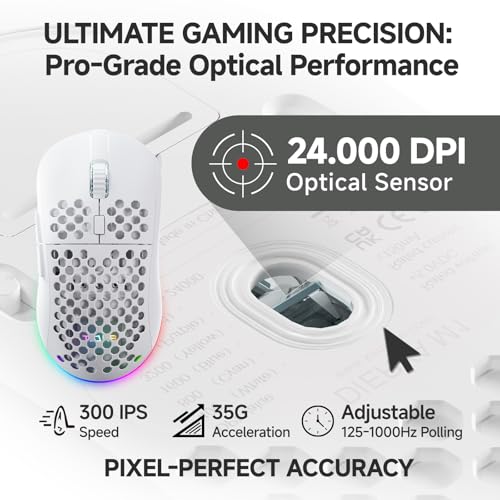 Image of TMKB Wireless Gaming Mouse, 24000DPI Optical Sensor, 180Hrs Battery, Lightweight, 6 Programmable Buttons, RGB Strip, 2.4G /BT5.2 /USB-C Wired for PC /Mac /Laptop - Matte White