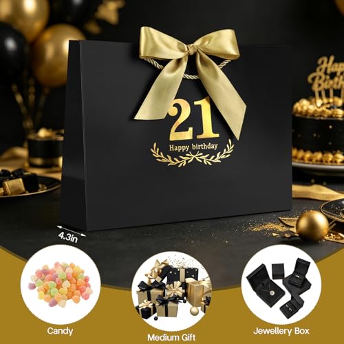 Image of JMANNI Black Gold 21st Birthday Gift Bag with Card and Tissue Paper, 14.2 inchx9.84 inchx4.3 inch Large Present Bag for Adults, 21 Year Old Birthday Keepsake Party Supplies