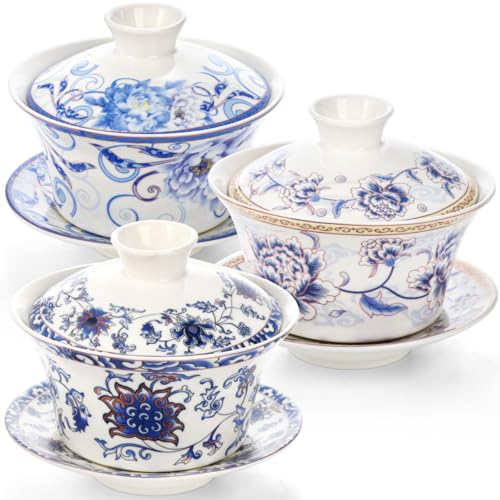 Cididu Set of 3 Chinese Tea Cups with Lid and Saucer, 10oz Large Porcelain Gaiwan Tea Mug Set,...